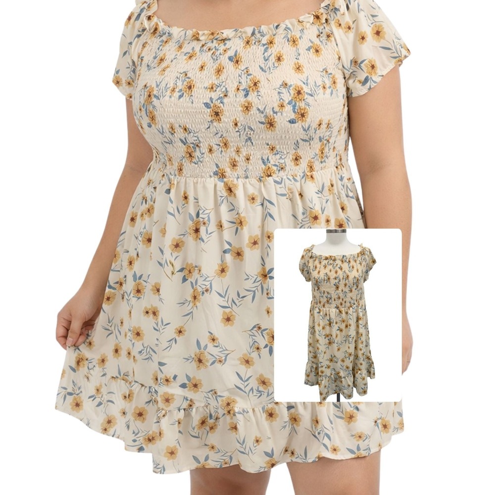 SHEIN Curve Smocked Floral Dress Boho Cottagecore NWT‎ Cream 5X
